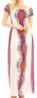 Sakkas Siona Women's Long Maxi Casual Off Shoulder Dashiki African Dress Elastic#color_White