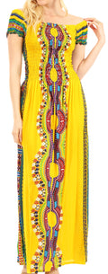 Sakkas Siona Women's Long Maxi Casual Off Shoulder Dashiki African Dress Elastic#color_Yellow