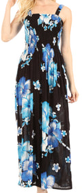 Sakkas Naida Women's  Casual Summer Long Sleeveless Stretchy Floral Print Dress#color_B-Blue