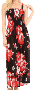 Sakkas Naida Women's  Casual Summer Long Sleeveless Stretchy Floral Print Dress#color_B-Red