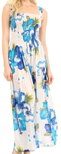 Sakkas Naida Women's  Casual Summer Long Sleeveless Stretchy Floral Print Dress#color_W-Blue