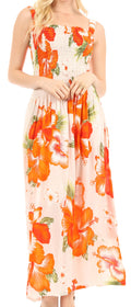 Sakkas Naida Women's  Casual Summer Long Sleeveless Stretchy Floral Print Dress#color_W-Orange