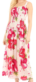 Sakkas Naida Women's  Casual Summer Long Sleeveless Stretchy Floral Print Dress#color_W-Pink