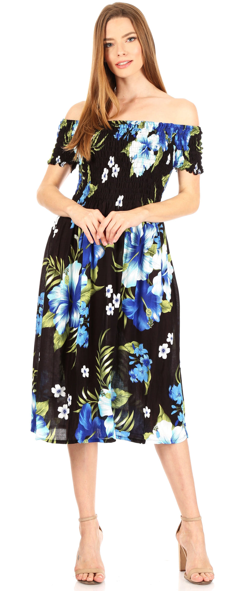Sakkas Nur Women's Smock Elastic Cocktail Midi Sleeve Off Shoulder Floral Dress