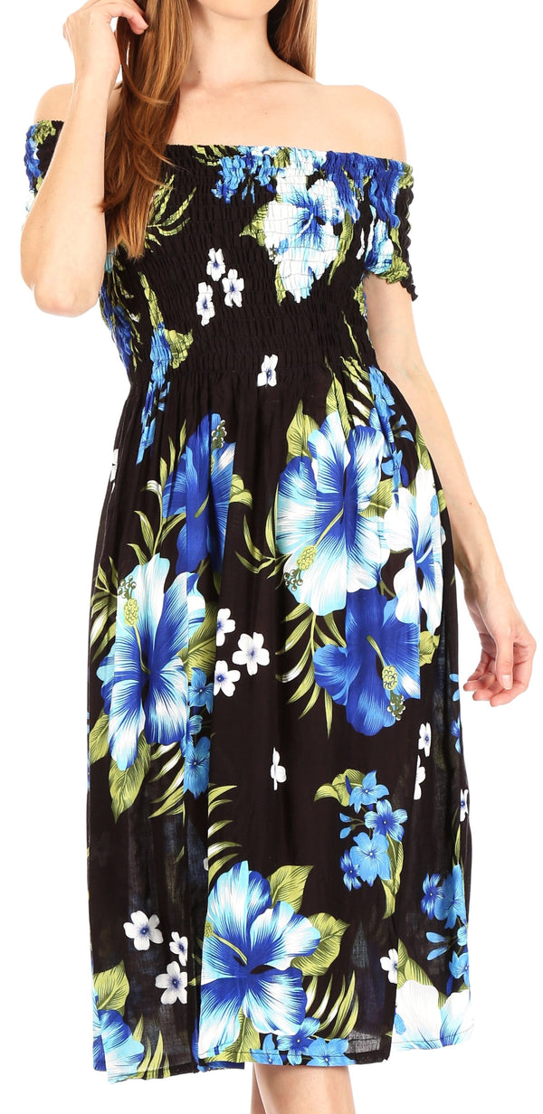 Sakkas Nur Women's Smock Elastic Cocktail Midi Sleeve Off Shoulder Floral Dress#color_B-Blue