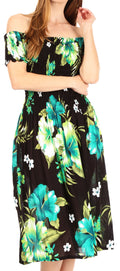 Sakkas Nur Women's Smock Elastic Cocktail Midi Sleeve Off Shoulder Floral Dress#color_B-Green