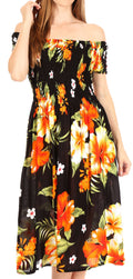 Sakkas Nur Women's Smock Elastic Cocktail Midi Sleeve Off Shoulder Floral Dress#color_B-Orange