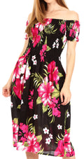Sakkas Nur Women's Smock Elastic Cocktail Midi Sleeve Off Shoulder Floral Dress#color_B-Pink