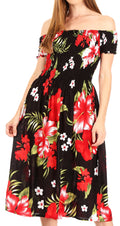 Sakkas Nur Women's Smock Elastic Cocktail Midi Sleeve Off Shoulder Floral Dress#color_B-Red