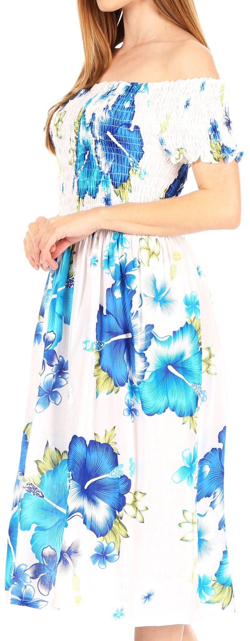 Sakkas Nur Women's Smock Elastic Cocktail Midi Sleeve Off Shoulder Floral Dress