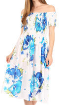 Sakkas Nur Women's Smock Elastic Cocktail Midi Sleeve Off Shoulder Floral Dress#color_W-Blue