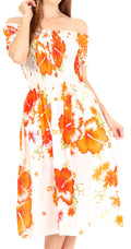 Sakkas Nur Women's Smock Elastic Cocktail Midi Sleeve Off Shoulder Floral Dress#color_W-Orange
