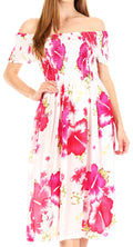 Sakkas Nur Women's Smock Elastic Cocktail Midi Sleeve Off Shoulder Floral Dress#color_W-Pink