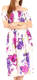 Sakkas Nur Women's Smock Elastic Cocktail Midi Sleeve Off Shoulder Floral Dress#color_W-Purple