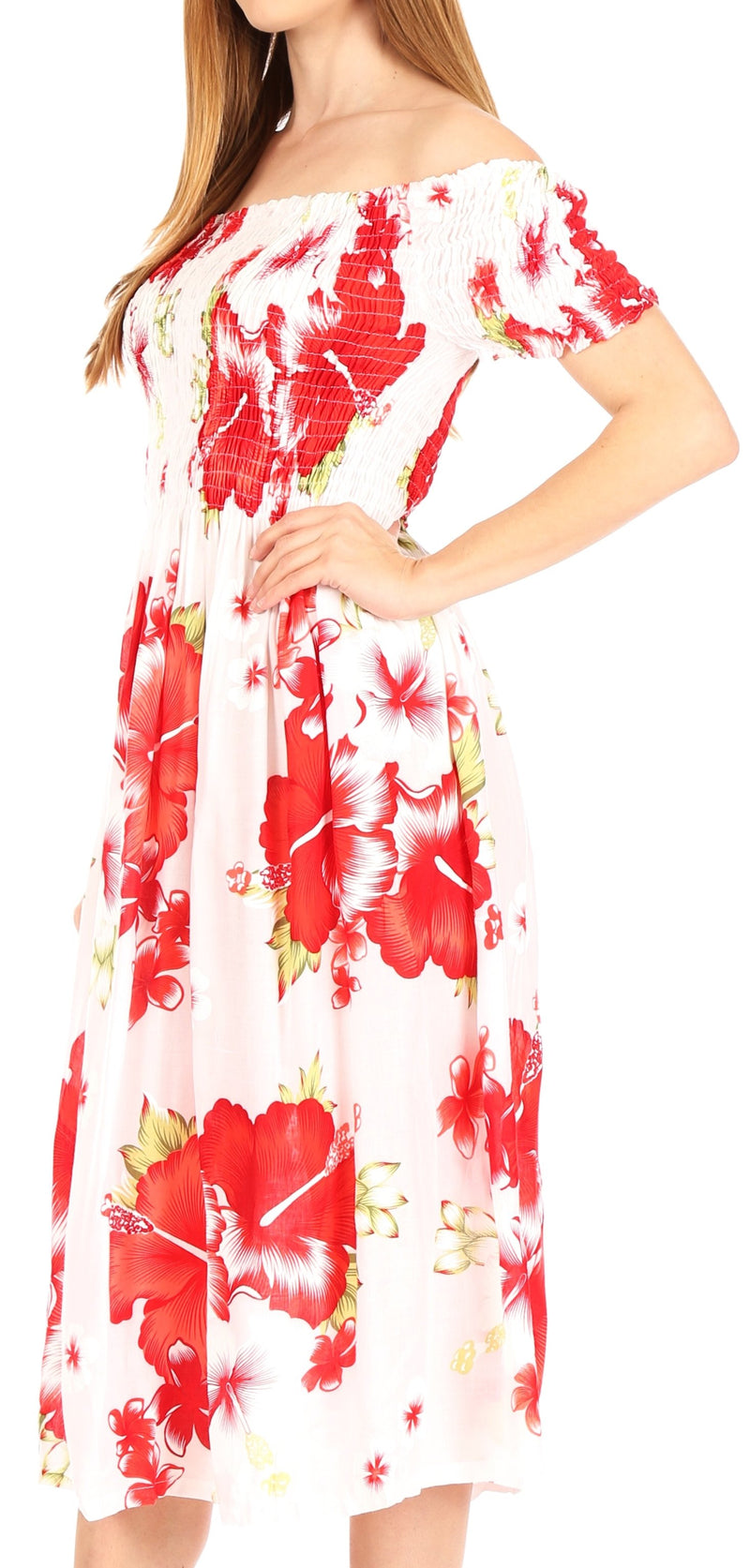 Sakkas Nur Women's Smock Elastic Cocktail Midi Sleeve Off Shoulder Floral Dress