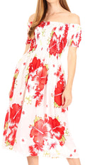 Sakkas Nur Women's Smock Elastic Cocktail Midi Sleeve Off Shoulder Floral Dress#color_W-Red
