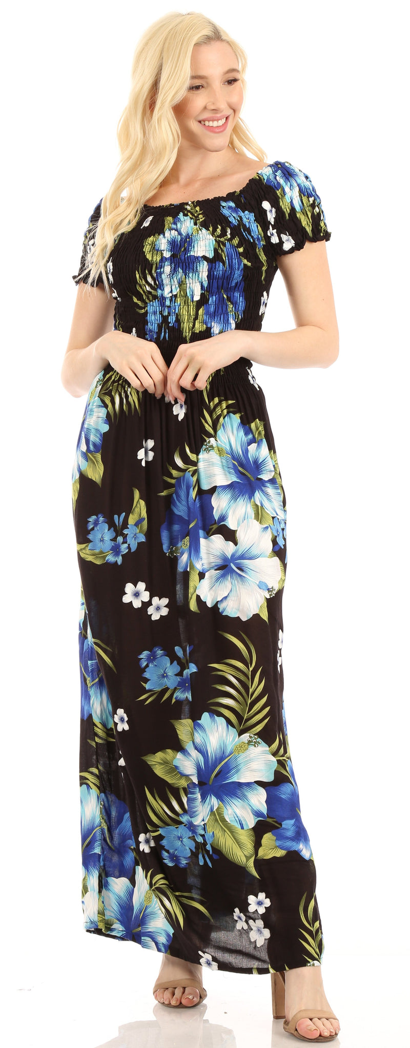 Sakkas Tulay Women's Casual Maxi Floral Print Off Shoulder Dress Short