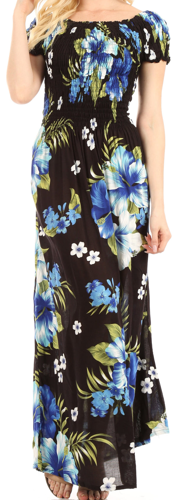 Sakkas Tulay Women's Casual Maxi Floral Print Off Shoulder Dress Short Sleeve Nice#color_B-Blue
