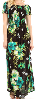 Sakkas Tulay Women's Casual Maxi Floral Print Off Shoulder Dress Short Sleeve Nice#color_B-Green