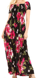 Sakkas Tulay Women's Casual Maxi Floral Print Off Shoulder Dress Short Sleeve Nice#color_B-Pink