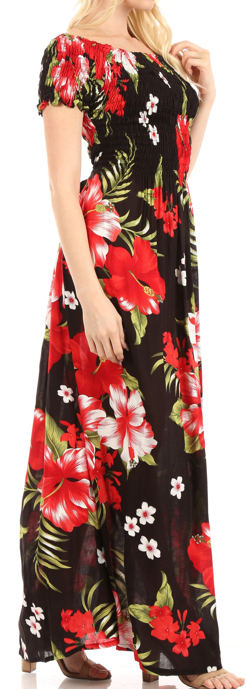 Sakkas Tulay Women's Casual Maxi Floral Print Off Shoulder Dress Short Sleeve Nice