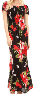 Sakkas Tulay Women's Casual Maxi Floral Print Off Shoulder Dress Short Sleeve Nice#color_B-Red
