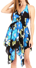 Sakkas Svana Women's V-neck Spaghetti Strap Floral Print Summer Casual Short Dress#color_B-Blue