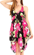 Sakkas Svana Women's V-neck Spaghetti Strap Floral Print Summer Casual Short Dress#color_B-Pink