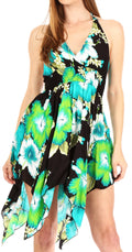 Sakkas Svana Women's V-neck Spaghetti Strap Floral Print Summer Casual Short Dress#color_B-Teal