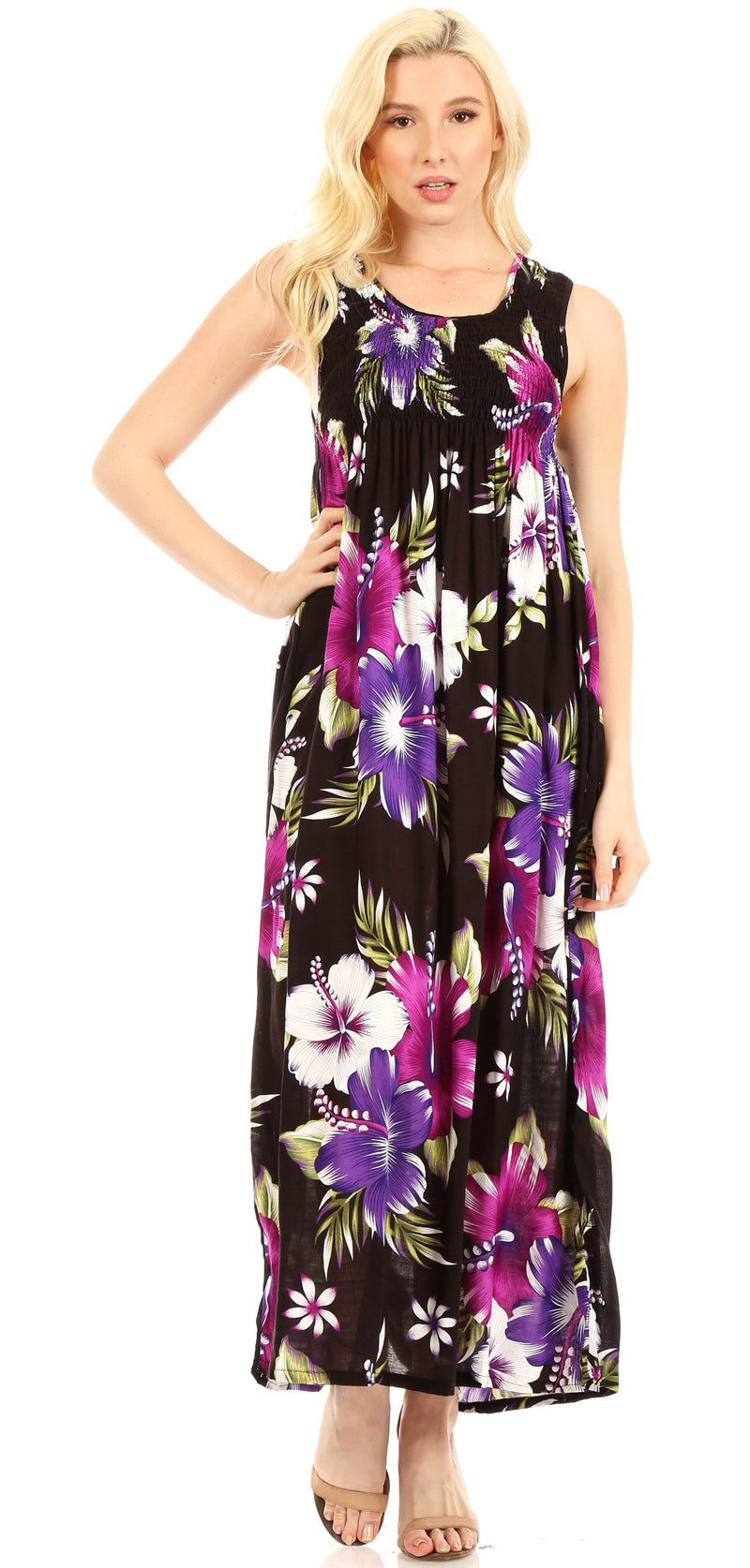 Sakkas Iyabo Women's Sleeveless Casual Summer Floral Print Dress Maxi Long Stretch