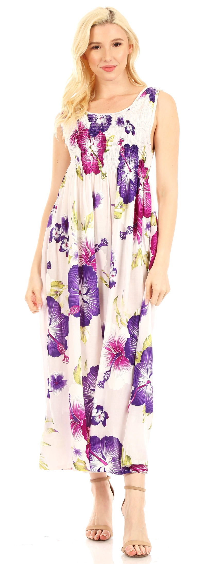 Sakkas Iyabo Women's Sleeveless Casual Summer Floral Print Dress Maxi Long Stretch