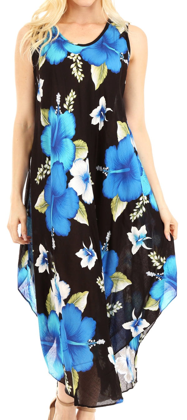 Sakkas Aba Women's Casual Summer Floral Print Sleeveless Loose Dress Cover-up#color_B-Blue