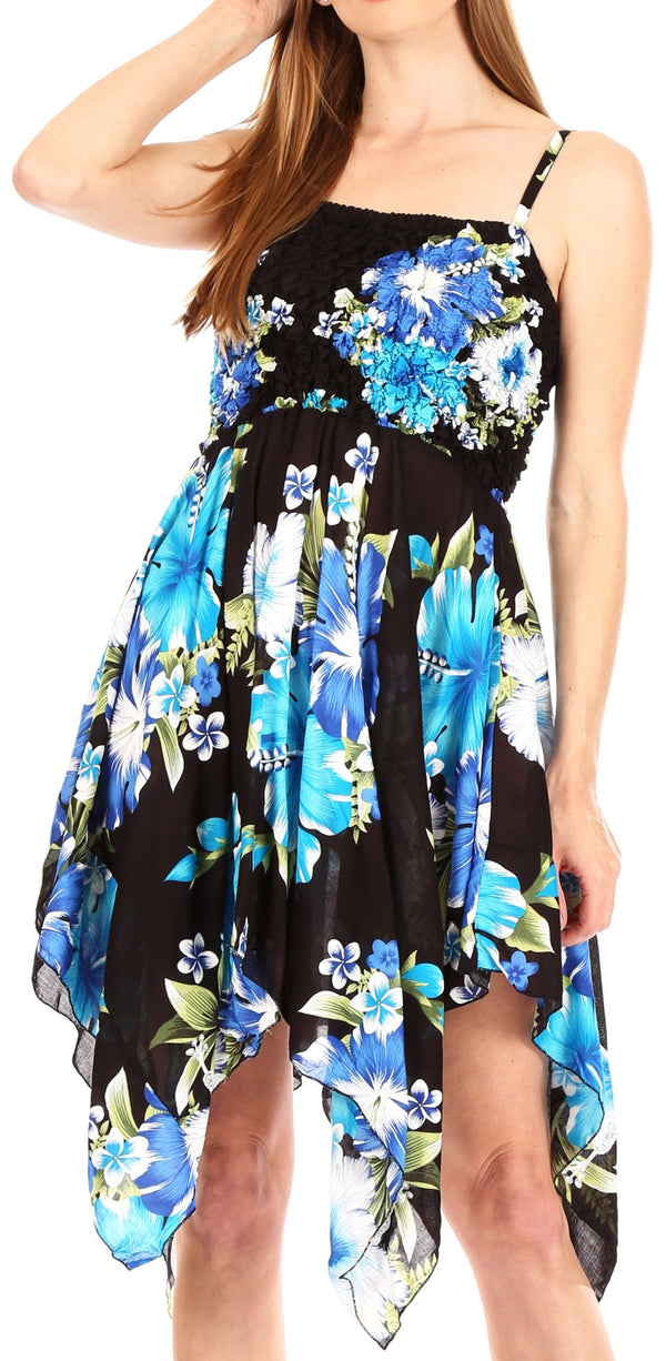Sakkas Kiera Women's Tube Spaghetti Strap Floral Print Summer Casual Short Dress#color_B-Blue