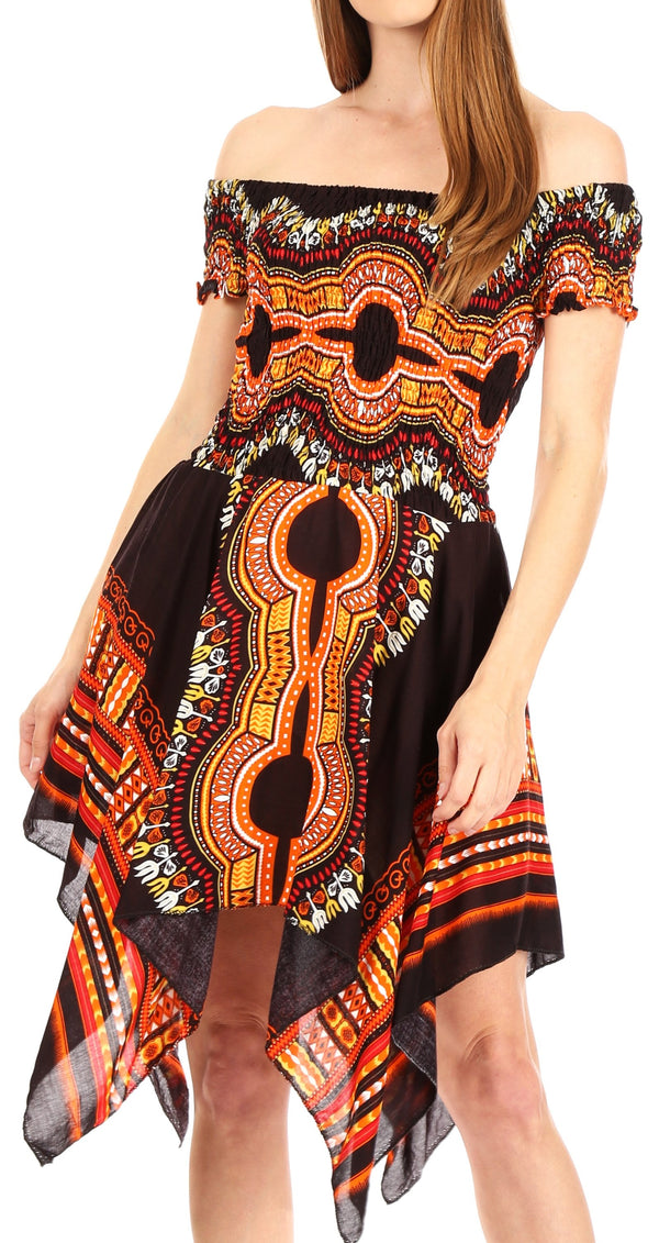 Sakkas Femi Women's Casual Cocktail Off Shoulder Dashiki African Stretchy Dress#color_Black