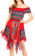 Sakkas Femi Women's Casual Cocktail Off Shoulder Dashiki African Stretchy Dress#color_Red