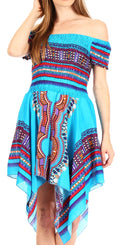 Sakkas Femi Women's Casual Cocktail Off Shoulder Dashiki African Stretchy Dress#color_Turquoise