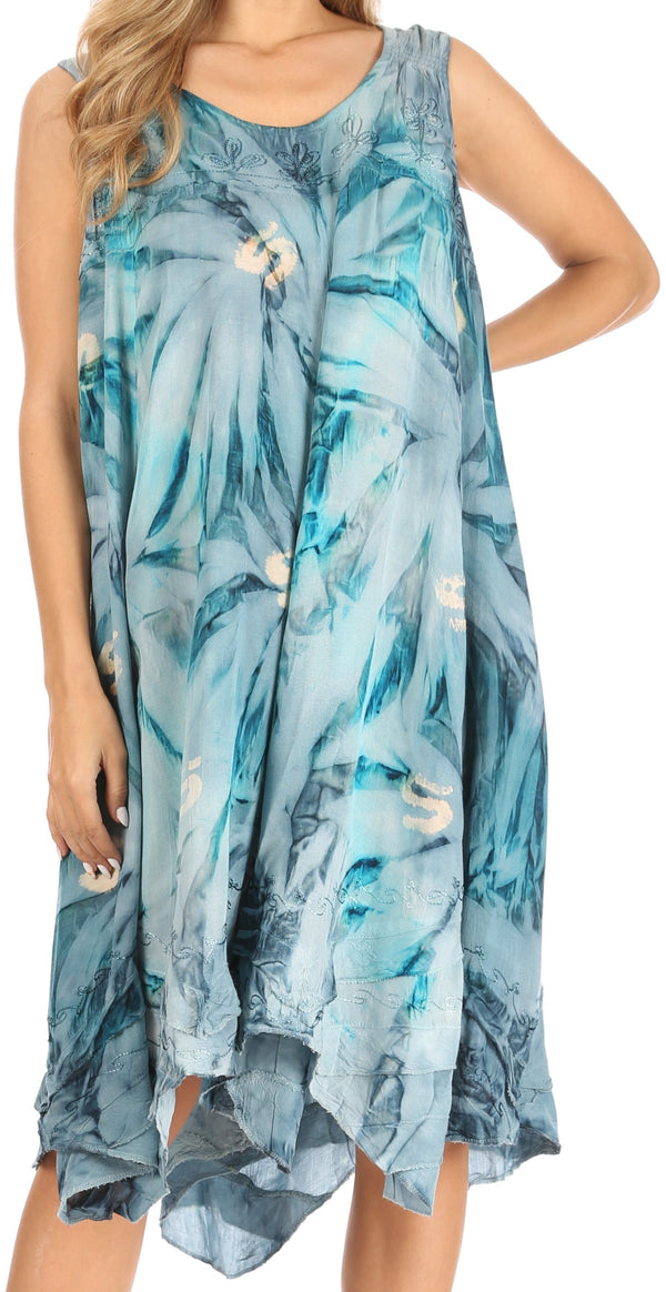 Sakkas Magy Women's Casual Summer Sleeveless Loose Tank Dress Tie-dye Floral Print#color_GreyTurq