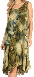 Sakkas Magy Women's Casual Summer Sleeveless Loose Tank Dress Tie-dye Floral Print#color_Olive