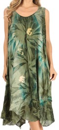 Sakkas Magy Women's Casual Summer Sleeveless Loose Tank Dress Tie-dye Floral Print#color_OliveGreen