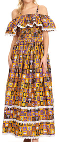 Sakkas Afua Women's Long Maxi African Ankara Wax Print with Overlay and Pockets#color_1146-mustard/purple 