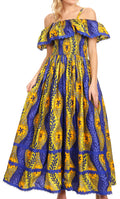 Sakkas Afua Women's Long Maxi African Ankara Wax Print with Overlay and Pockets#color_1147-Royalblue/lime 
