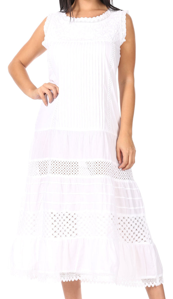 Sakkas Fiona Casual Summer Sleeveless Long Maxi Boho Peasant Dress w/Lace Floral#color_White