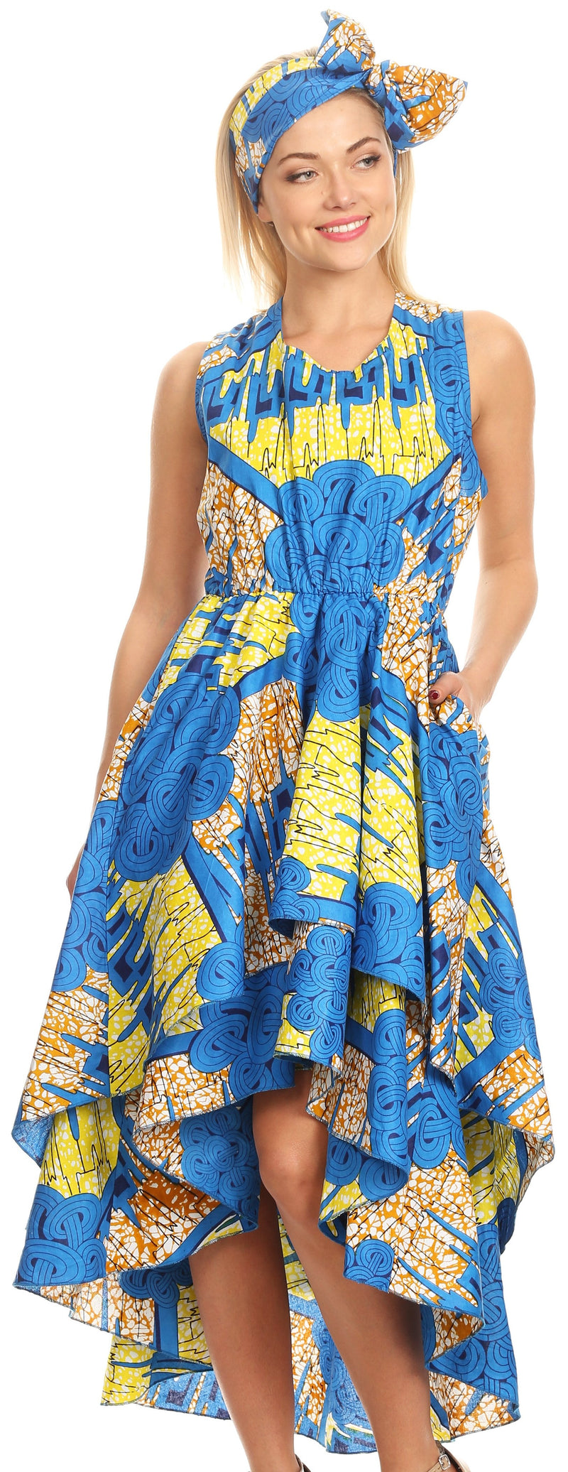 Sakkas Ada Ankara Wax Dutch African  Sleeveless Dress Cascading Hi Low Layers