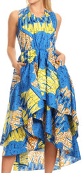 Sakkas Ada Ankara Wax Dutch African  Sleeveless Dress Cascading Hi Low Layers#color_1145Turquoise/lemon-deco