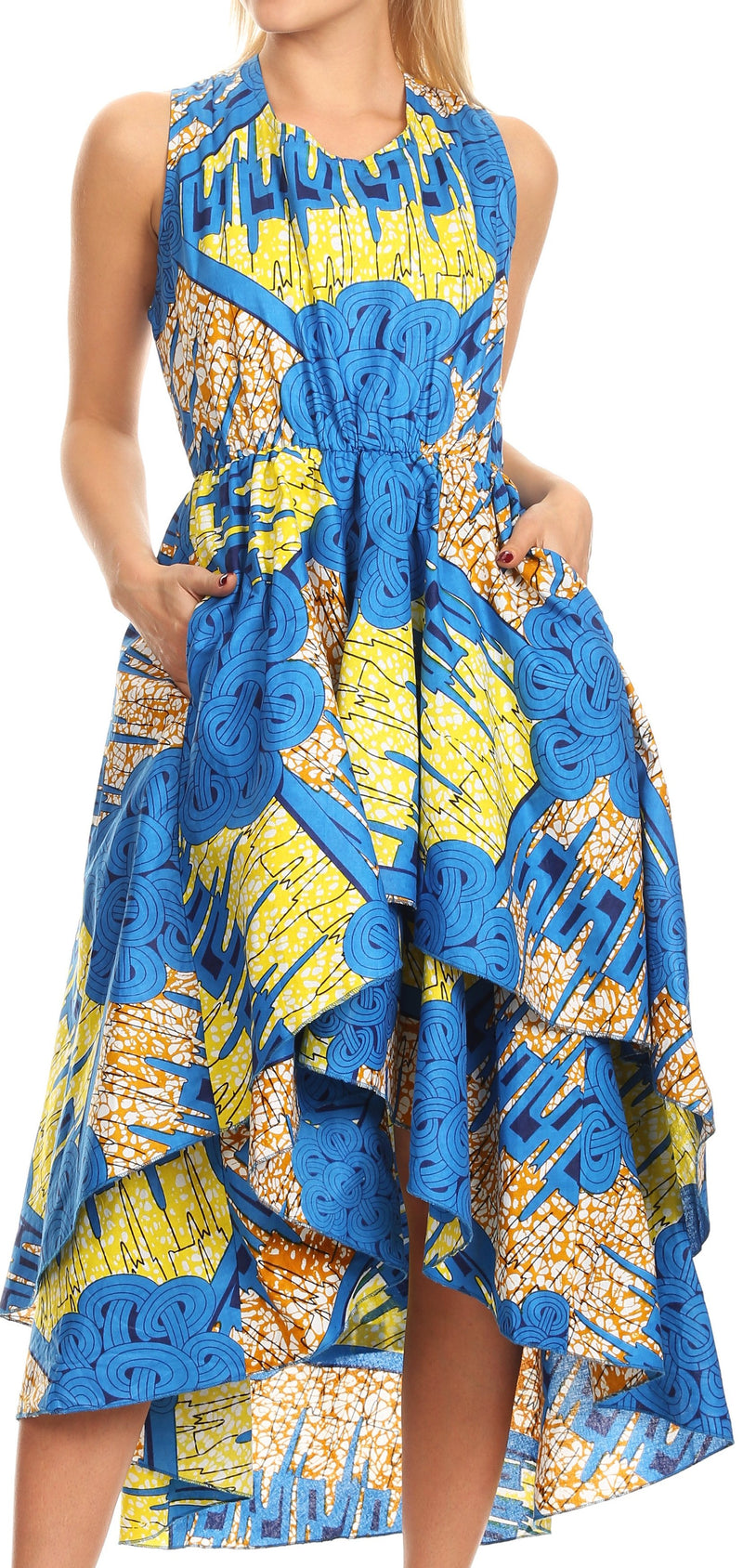 Sakkas Ada Ankara Wax Dutch African  Sleeveless Dress Cascading Hi Low Layers
