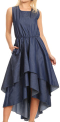 Sakkas Ada Ankara Wax Dutch African  Sleeveless Dress Cascading Hi Low Layers#color_Chambray