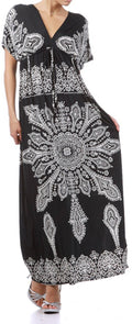 Printed V-Neck Cap Sleeve Empire Waist Long / Maxi Dress#color_Black