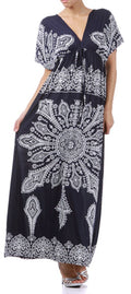 Printed V-Neck Cap Sleeve Empire Waist Long / Maxi Dress#color_Navy