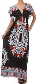 Ethnic Tribal Print V-Neck Cap Sleeve Empire Waist Long / Maxi Dress#color_Black