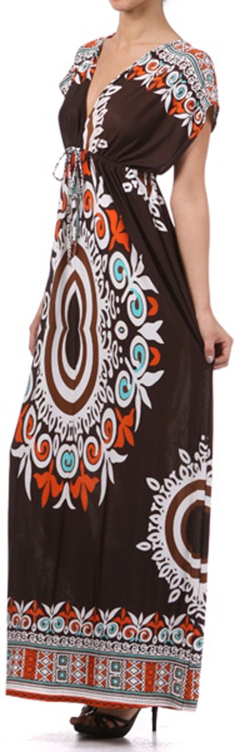 Ethnic Tribal Print V-Neck Cap Sleeve Empire Waist Long / Maxi Dress